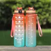 32oz/1000ml Tritan Water Bottle With Straw Lid Sports Mug BPA-Free Travel Flask Cup Time-mark Scale Frosted Painting