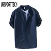 URSPORTTECH Sommer Vintage Herren Hemd Baumwolle Leinen Lose Beiläufige Solide Kurzarm Taste Tops Harajuku Marke Bluse 220322