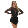 Stage Wear Women Shiny Rhinestone Figure Skating Dress Ladies See-through Mesh Patchwork Long Sleeve Ruffle Leotard Ballet Dancewear