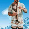 Mens flower shirt Hawaiian suit casual button beach Tracksuits Full body printing tropical vacation Beachwear Short Sleeve 2pcs set Shirt