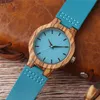 Wristwatches Elegant Ladies Creative Blue Hand-made Quartz Wood Watch Genuine Leather Watchband Simple Fashion Wooden Wristwatch Gift Female