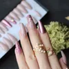 Coffin Fake Nails Handmade v French Glitterヌード色ジェル光沢マッチメタル3Dラインストーン220725