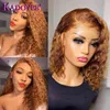 Korte krullende Bob Wig honing Blonde kanten voorkant menselijk haarpruiken voor vrouwen #27 kleur Braziliaanse kinky sluiting frontal 220707