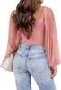 Women Blouses Mesh See-through Long Sleeve Casual Shirts Tops Lantern Sleeve Patchwork Top