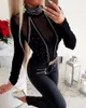 Bluzka Kobiety Skinny Czarny Turtleneck Top Studded Sheer Siatki Z Długim Rękawem Bluzki Sexy Bodycon Damska Koszulki Moda 220318