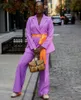 Women's Two Piece Pants Spring Purple Women Suits Custom Made Blazers 2 Pieces Set Blazer Satin Belt Wide Leg Pants/Fashion Streetwear Daily