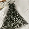 NEPLOE Daisy Mesh Yarn Spaghetti Strap Dress Women Women Summer French Style Pleated Slim Wasit Retro Doce Vestidos 82124 220613