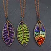 Leaf Reiki Healing Stones Necklaces 7 Chakra Crystal Tree of Life Colorful Natural Gemstone Leaves Pendulum Pendant Necklace for Women Gifts