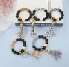 Black Frosted Wooden Bead Bracelet Keychain Fashion Pattern Tassel Pendant Bracelets Women Girl Key ring Wrist Strap 7 Colors DD255