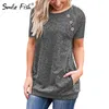 Basic T-shirt Winter Herfst Dames T-S O-hals Top Casual Knoppen Pocket Bottoming Tee GV579 220321