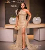 2022 Plus size Arabisch aso ebi mermaid luxueuze goud prom jurken een schouderavond formeel feest tweede receptie verjaardag verlovingsjurken jurk zj220