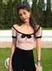 Y2k roze trim crop top boog schattige zoete t shirt vrouwen retro korte mouw gepatcht zomers tee prepply Korean t-shirt c-013 220511