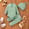 3 pezzi Baby Boy Girls Set di abbigliamento Sun Print Button Design Pagliaccetto a maniche lunghe a costine Pantaloni elasticizzati e berretto Set 1057 E3