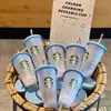 Starbucks 24 unz/710 ml plastikowe kubki kubka syrena bogini wielokrotnego użytku przezroczyste picie Płaskie dolne filarze kształt kubki słomki kubki za darmo