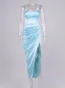 Asia Summer Satin Dress Ruched Cut out Side Split Spaghetti Strap Padded Elastic Midi Sexy Asymmetrical Woman es 220507