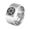 Ze Stali Nierdzewnej Srebrny Ring Wysokie Polerowane Męskie Masonic Żydowskie Punk Sześć Spiczasty Gwiazda Symbol Gwiazda David Religia Pierścionki 8mm Szeroka biżuteria