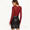 Women's Lace See-through Crop Shirt ladies Summer Round Neck Long Sleeve Sexy Tops Zipper Blouse267P