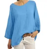 Women Casual Solid Color Cotton Blend Round Neck Three Quarter Sleeve Shirt Top Casual Loose Cotton Linen Blend Pullover Blouse L220705