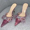 마흐 힐 샌들 디자이너 형광 색상 투명 PVC 드레스 신발 활 크리스탈 장식 된 라인 석 스틸레토 슬리퍼 여성을위한 최고 품질의 샌들