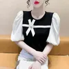 女性のTシャツ韓国ファッションTシャツ女性2022夏の服エレガントなトップパフ短袖ティービーズ甘い弓気質Tシャツf