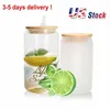 USA Warehouse Sublimation Glass Beer Dugs with Bamboo Lid Straw DIY Blanks Frosted Clear Can Tumblers Cugs Heat Transfer Cocktail Coffee Soda Whisky F0719