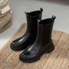 Frauen Stiefel Hot Echtes Leder Büro Dame Slip-on Chelsea Mode Knöchel Runde Nase Flache mit Schuhe Plattform 220607