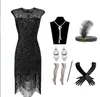 Vestido feminino tema Gatsby da década de 1920, fantasia de formatura, festa, lantejoulas, franjas, melindrosa, com acessórios dos anos 20, meia arrastão, bandana, luvas, conjunto de colar, brincos