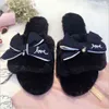 famous brand fur flip flops sweet lace bow fur slides women designer winter sandals warm and cozy home slippers with flower G220816