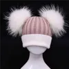 Baby Winter Real Fur Ball Beanie Hat Warm schattige mode pluizig echte witte grote wasbeer bont pom pom poms kinderen gebreide hoeden J220722