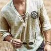 Plus Size Mens Tee Shirt Solid Tops Pullover V Neck Laceup Loose Top Summer Holiday Beach Casual Half Sleeve Tops Linen Top 220526