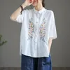 Women's Blouses & Shirts Literary Retro Embroidered Cotton Linen Top Ladies Loose Shirt Solid Color Short 2022 Summer Lapel TopWomen's