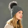 Winterhoed Kasjmier gebreide beanie Large real bur pom top beanie hoogwaardige meisjes dames dames winterhoeden voor vrouwen J220722