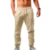 Automne Lin Pantalon D'été Mode Hommes Casual Taille Élastique Pantalon 9 Couleurs Blanc Gris Kaki Fitness Streetwear S 4XL 220719