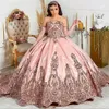 2022 Pink Sexy Shining Quinceanera Dresses Sweet 15 Dress Sweetheart Appliqued Crystal Prom Gowns Sequins With Sleeves Rose Gold Sequined Lace Beaded Ball Gown