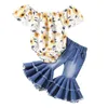 Citgeett Summer Baby Girls Outfits Flower Print Off Axel Short Sleeve Rompers på Flare Pants Clothing Set J220711