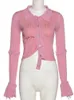 Kobieta Pink Polo Scyk Przycięty sweter żeńska Nieregularna długa trąbka guzika Up Tops Lady Casual Odłączane rękawy Sweter 220816