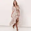 Boho Deep V-hals boogbandjurken Elegante Backless Floral Print Vintage Dress Causal Half Butterfly Sleeve enkellengte japon G220510