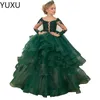 2122 Green Flower Girl Sukienki na Ślub Spaghetti Koronki Kwiatowe Aplikacje Wielopięciowe Spódnice Dziewczyny Korant Dress Kids Birthday Party Suknie