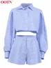 Ootn Gingham Long Lantern Sleeve Turndown Collar Shirt Single Breasted Crop Top Suits With Shorts High midje Summer 2 Piece Set 220526