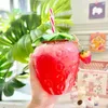 Net Red Strawberry Straw Tumblers Plastic Cup Cute Female Hand-held Milk Tea Student Portable Watercup Water Bottle by sea BBB15325