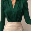 T-shirt a maniche lunghe con scollo a V da donna Tawnie con spalline verde sexy elegante autunno inverno increspato top magliette casual marrone 220321