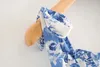 Vintage French Style Blue White Floral Mulheres Vestido Treça Bow Dress Sleesess Dress Sexy Women Festy Dress Vintage feminino 220516