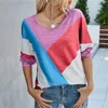 Lady V-Neck Long Sleeve Loose Patchwork Print T-Shirt Spring Autumn Casual Fashion Top Women Comfortable Pullovers T-Shirt 220408