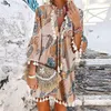 2022 Spring Vintage V Neck Tassel Party Dress Women Elegant Floral Print 3 4 Sleeve Mini Dress Ladies Summer Casual Beach334C