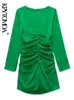 Женская мода с стразами, драпированным зеленым мини -платьем, винтажное с длинным рукавом задняя молча
