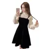 Spring Elegant Two Piece Dress for Women Winter Korean A Line O Neck Topps and Black Sundress Streetwear Vestidos 220613