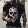 남자 티셔츠 브랜드 두개골 티셔츠 여름 패션 힙합 짧은팔 셔츠 3D 프린팅 블랙 탑 스포츠 통기성 대형 남성