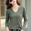 TuangBiang Spring Long Sleeve Women V-Neck Bamboo Cotton T-Shirt Elegant Loose Fashion Tee Shirt Ladies Stand Collar Tops 220402