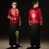 남성용 민족 의류 Cheongam 남성 신랑 결혼식 Qipao 결혼 한 푸 붉은 자수 용 중국 스타일 의상 로브 재킷 탕 슈트