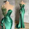 Modest Green Prom Dresses Side Split Beading Evening Dress Custom Made Sleeveless Sweep Train Strapless Floor Length Party Gown